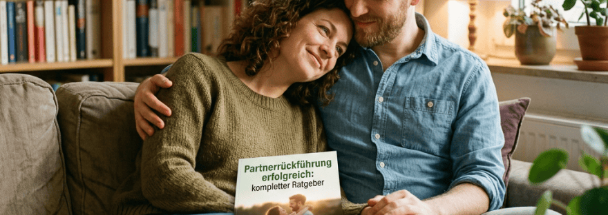 Couple sitting on couch cuddling with relationship advice book titled Partner­rückführung erfolgreich: kompletter Ratgeber
