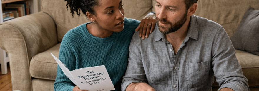 Couple reading reconciliation guide and discussing relationship advice