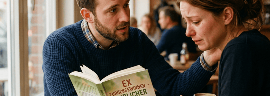 Man comforting crying woman at cafe table with relationship advice book